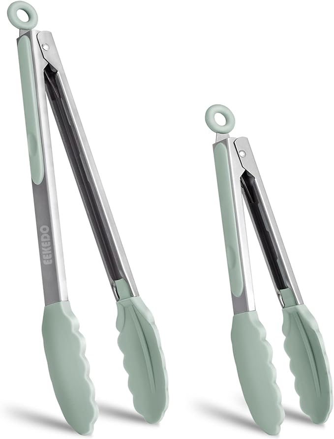 Tongs for Cooking, 600ºF High Heat-Resistant Stainless Steel Kitchen Tongs with Silicone Tips, Non Scratch, Locking Tong for BBQ Grilling Air Fryer Food Salads, Set of 2 (9" and 12") Sage Green