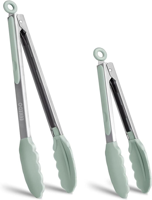 Tongs for Cooking, 600ºF High Heat-Resistant Stainless Steel Kitchen Tongs with Silicone Tips, Non Scratch, Locking Tong for BBQ Grilling Air Fryer Food Salads, Set of 2 (9" and 12") Sage Green