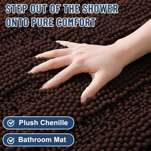 Grandaily Chenille Striped Bathroom Rugs 47x17, Extra Thick and Soft Absorbent Bath Mats, Rubber Backing, Plush Shaggy Shower Carpet, Machine Wash Dry, Bath Rug for Bathroom, Dark Brown