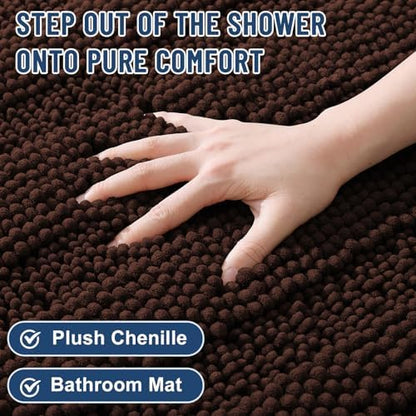 Grandaily Chenille Striped Bathroom Rugs 59x35, Extra Thick and Soft Absorbent Bath Mats, Rubber Backing, Plush Shaggy Shower Carpet, Machine Wash Dry, Bath Rug for Bathroom, Dark Brown