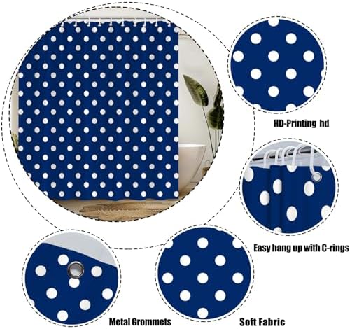 Polka Dot Shower Curtain Blue White Retro Spot Vintage Fabric Decorative Bathroom Curtains with Hooks,60" Wx70 H