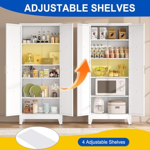 71" Metal Storage Cabinet with 2 Doors and 4 Adjustable Shelves,White Farmhouse Kitchen Pantry Cabinet,Steel Garage Tool Cabinet,File Cabinetfor Home,Office,Dinning Living Room,Warehouse