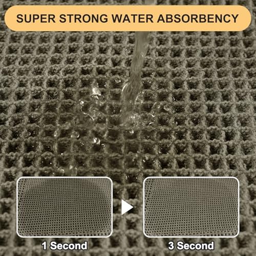 Upgrade Waffle Bath Mat Set 3 Piece, Greyish Green, Boho Bathroom Rugs Absorbent Non Slip, Ultra Soft Bathroom Mat, Machine Washable Knit Bath Rugs with Border for Bathroom, Kitchen, Shower, Tub
