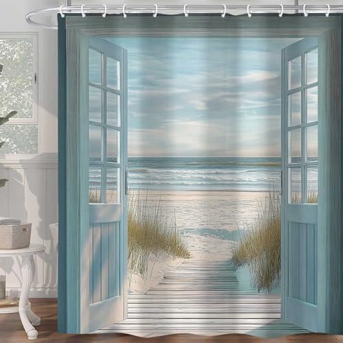 Blue Beach Barn Door Shower Curtain, Rustic Country Ocean Coastal Seaside Scenery Decor Bath Curtains, Retro Teal Wood Waterproof Bathroom Accessories Set, 72 x 72 inch with Hooks