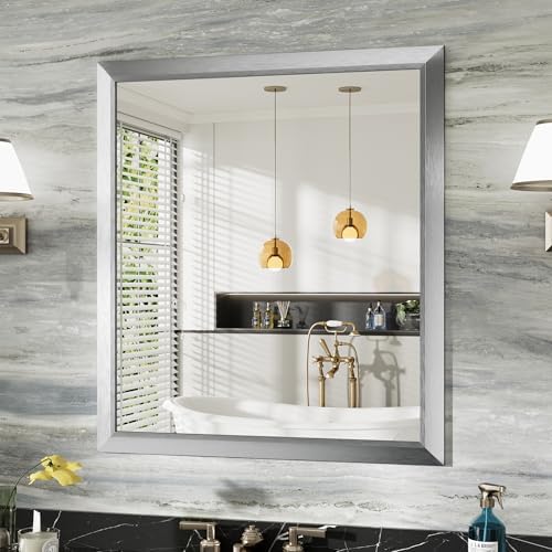 Briivue Bathroom Wall Mirror, Silver Brushed Nickel Metal Frame, 36x32 Inch