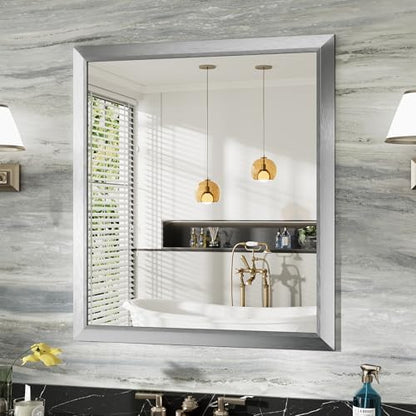 Briivue Bathroom Wall Mirror, Silver Brushed Nickel Metal Frame, 36x32 Inch