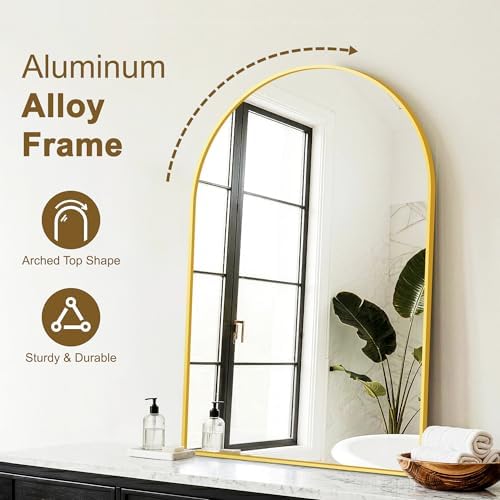 FGU Arched Bathroom Mirror for Over Sink 36"x24" Gold Vanity Mirror