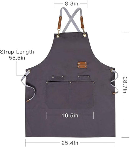 Chef Apron,Cross Back Apron for Men Women with Adjustable Straps and Large Pockets,Canvas,M-XXL (Grey)