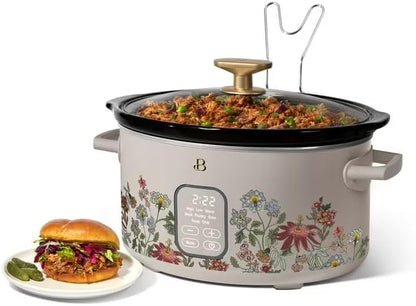 B 6 Qt Programmable Slow Cooker with Digital Timer, 5 Cooking Functions, Removable Ceramic Pot, Tempered Glass Lid, Dishwasher Safe (Wildflower Porcini Taupe)