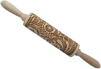 MIZORLIE 14.9"Paisley Engraved Embossed Rolling Pin, Christmas Snowflake Flower Pattern, Wooden Laser Engraved 3D Rolling Pin for Making Cookie Dough Crusts Pies Pastry