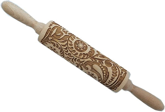 MIZORLIE 14.9"Paisley Engraved Embossed Rolling Pin, Christmas Snowflake Flower Pattern, Wooden Laser Engraved 3D Rolling Pin for Making Cookie Dough Crusts Pies Pastry