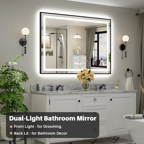 Briivue 55x40 Inch LED Bathroom Mirror with Gold Frame, Backlit & Front Lit