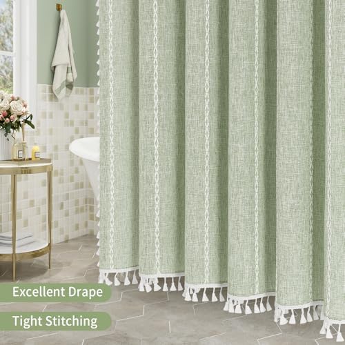 Boho Farmhouse Tassel Linen Shower Curtain,3D Embroidery Stripe Sage,72x72