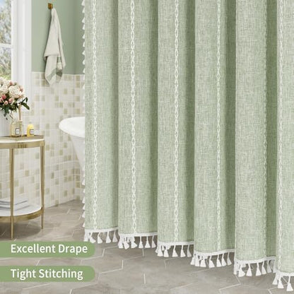 Boho Farmhouse Tassel Linen Shower Curtain,3D Embroidery Stripe Sage,72x72