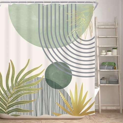 Mid Century Mint Green Boho Abstract Modern Bathroom Shower Curtain Set