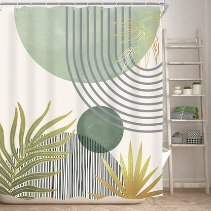 Mid Century Mint Green Boho Abstract Modern Bathroom Shower Curtain Set