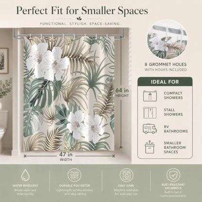 Tropical Shower Curtain for Bathroom, Green Palm Tree Flower Plant Boho Leaf Banana Monstera Sage Beige Shower Curtains Set, Fabric Bathroom Accessories with Hooks 47x64 Inch