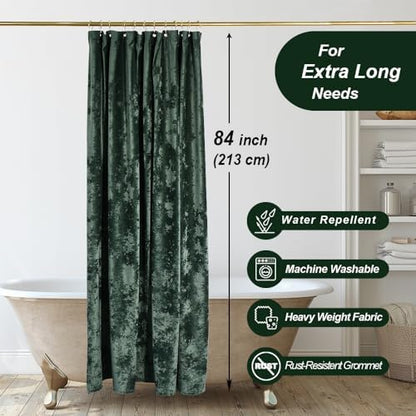 TAMGHO Extra Long Shower Curtain 84 inch Height, Crushed Velvet XL Shower Curtain Set with 12 Gold Hooks, Waterproof Thick Fabric, Machine Washable, 72W x 84H, Dark Green