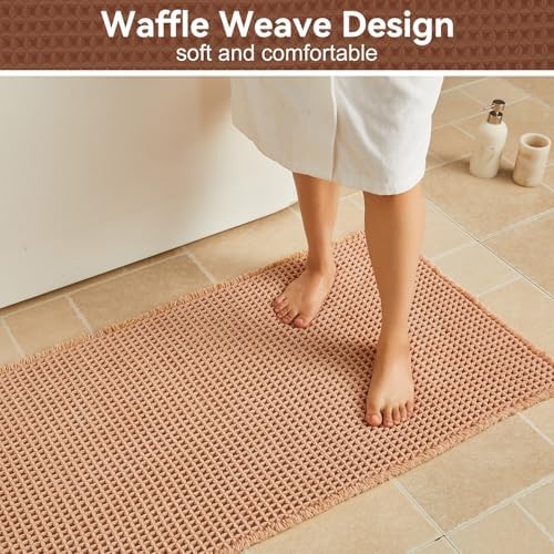 Triohero Waffle Bath Mat, Boho Bathroom Rugs Non Slip, 24x36 Light Peachy