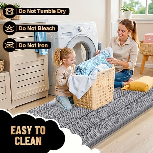 OLANLY Thick Bathroom Rugs 30x20, Soft Chenille Striped Bath Rugs, Grey