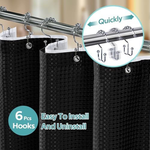 Vipfree 3 in 1 Shower Curtain Set, Waffle Shower Curtain and Liner Set with 6 Double Sided Shower Curtain Hooks, 258GSM Luxury Weighted Cloth Shower Curtain for Shower Stall, 36 W x 72 H, Black