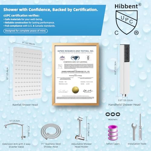 Hibbent All Metal CUPC Certified 10'' Rain Shower Head, Dual Shower Head Combo, High Pressure Handheld 4 Sprays Shower Wand, 16'' Adjustable Extension Arm, 71'' Hose, Shower Holder, Chrome