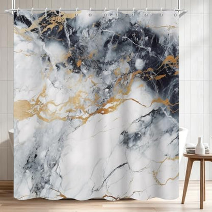 Abstract Marble Shower Curtain Modern Charcoal Luxury Gold Ink Texture Gray Ombre Watercolor Bathroom Curtain Set with Hooks Soft and Lightweight Waterproof Fabric Machine Washable 48" Wx72 L
