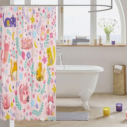 Feelyou Kids Funny Cats Shower Curtain Girls Cute Flower Cartoon Kitty Kitten Bathroom Waterproof Accessories with 12 Hooks 72x84 Inches Animal Theme Girly Kawaii Room Pink Decor