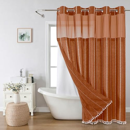eachope Long No Hook Shower Curtain with Snap-in Fabric Liner,71x80,Orange