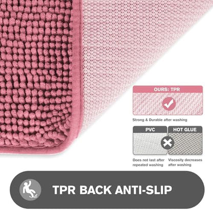 Dusty Rose Bathroom Rugs – Absorbent and Washable Bath Mat, Non-Slip, Thick Soft Chenille Bath Rugs for Bathroom Floor, Shower, Sink - 26" x 44"