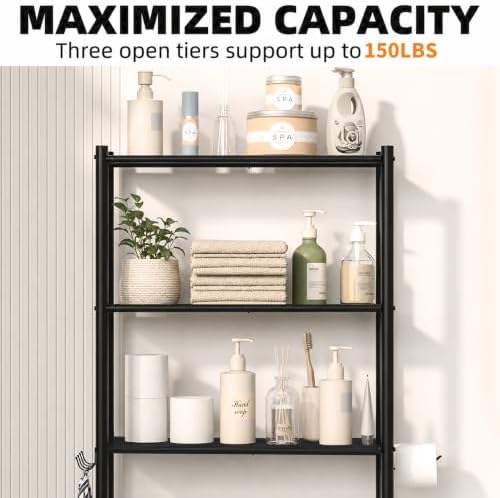 GloTika 3-Tier Over Toilet Storage, Anti-Tilt, 64" H, Black