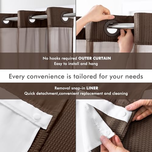 Mrs Awesome No Hook Shower Curtain with Snap-in Liner, Embossed Waffle Design Fabric Shower Curtain for Bathroom, Soft & Lightweight, 71x74, Chocolate