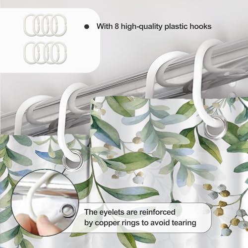AWERT Green Mixed Light Blue Plant Shower Curtain with 8 Hooks Decorative Sage Green Shower Curtain for Bathroom Waterproof Fabric 48x72inch