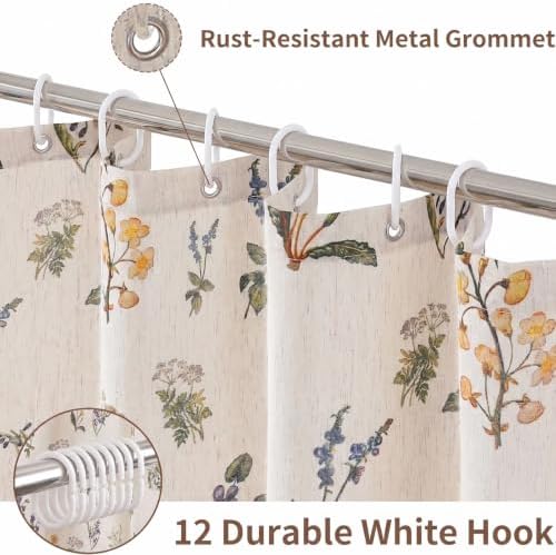 Linen Farmhouse Floral Shower Curtain with Lavender, Violet, Cornflower Wildflower Print, Water Resistant Fabric 72x72in Boho Shower Curtain with 12 Plastic Hooks