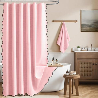 BTTN 72x78 Boho Scalloped Linen Textured Cloth Shower Curtain Set, Pink
