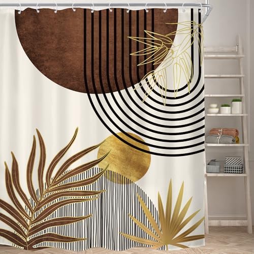 Mid Century Brown Boho Abstract Modern Beige Bathroom Shower Curtain Set