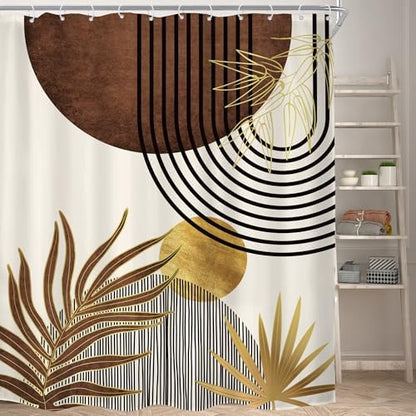 Mid Century Brown Boho Abstract Modern Beige Bathroom Shower Curtain Set