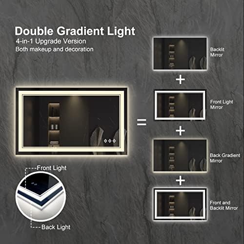Lighted Vanity Mirror, 40x24 Inch Gradient Front and Backlight LED Vanity Mirror, 3 Colors Dimmable CRI>90 Double Lights, IP54 Enhanced Anti-Fog, Hanging Plates Wall Mount Bathroom Mirror