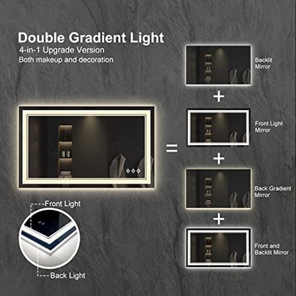 Lighted Vanity Mirror, 40x24 Inch Gradient Front and Backlight LED Vanity Mirror, 3 Colors Dimmable CRI>90 Double Lights, IP54 Enhanced Anti-Fog, Hanging Plates Wall Mount Bathroom Mirror