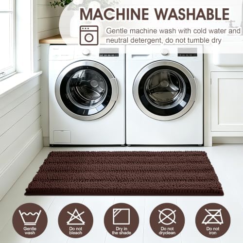 ACCUMTEK Striped Brown Bathroom Rug Mat Set 2 piece 32"x20"+60"x20" Ultra Soft, Non Slip Chenille Bath Rugs, Absorbent Plush Shaggy Bath Mats for Bathroom, Bedroom, Kitchen, Shower, Tub