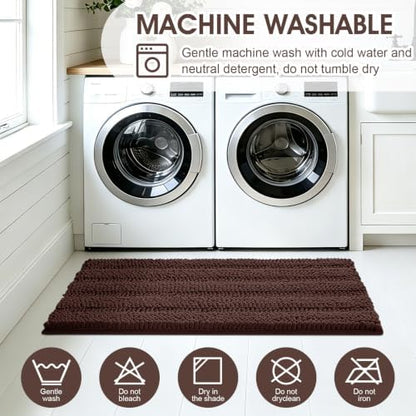 ACCUMTEK Striped Brown Bathroom Rug Mat Set 2 piece 32"x20"+60"x20" Ultra Soft, Non Slip Chenille Bath Rugs, Absorbent Plush Shaggy Bath Mats for Bathroom, Bedroom, Kitchen, Shower, Tub