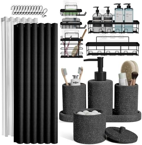 Clara Clark Bathroom Set - Coal Black Bathroom Accessories Set, 24PC Bathroom Accessory Set, Bathroom Sets with Shower Curtain Set, Adhesive Corner Shower Caddy Hanging & Soap Dispenser