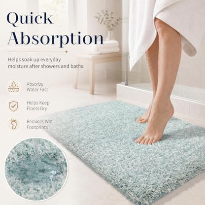 Yimobra Bathroom Rugs Non Slip Washable, Ultra Soft and Water Absorbent Bath Mats, Plush Fluffy Shower Mat Outside, Microfiber Thick Matts for Bathroom Floor/Sink, 24X17, Sky Light Blue and White