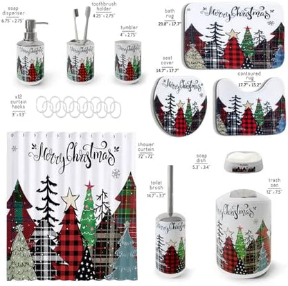 Clara Clark Bathroom Set - Christmas Bathroom Sets with Shower Curtain and Rugs, Xmas Bathroom Accessories Set, 22PC Christmas Shower Curtain Set with Liner, Soap Dispenser, Toilet Brush, & Trash Can