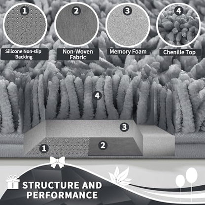 Yimobra Toilet Rugs U Shaped Washable, Extra Thick Soft Absorbent Chenille Contour Bathroom Rugs for Toilet 24x24 Inch, Quick Dry Non Slip Toilet Mat for Bath Floor, Silver