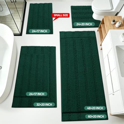 Christmas Striped Deep Green Bathroom Rug Set 3 Pieces Ultra Soft, Non Slip Chenille Bath Carpet, Absorbent Plush Shaggy Bath Mats for Bathroom, Toilet, Bedroom, Kitchen