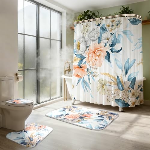 16 PCS Floral Bathroom Shower Curtain Set with Rugs 12 Metal Hooks,72 x 72"