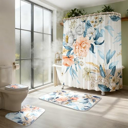16 PCS Floral Bathroom Shower Curtain Set with Rugs 12 Metal Hooks,72 x 72"