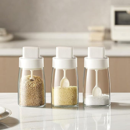 LOYUYU Kitchen Sodium Calcium Glass Spice Jars Seasonning Box Set of 3, Condiment Pots Spice Jars, Retractable Spoon and Lid Combination Design, Airtight Cap 9.7oz Green