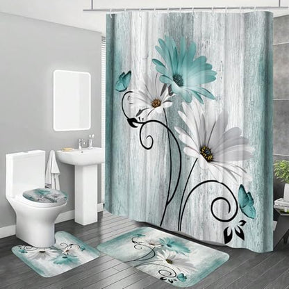 Onalasyc 4PCS Teal Daisy Floral Bathroom Sets with Shower Curtain and Rugs